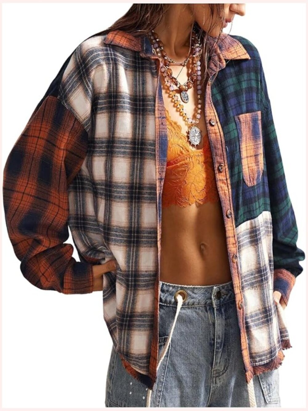 Oversized Plaid Button Down Blouse with Pockets